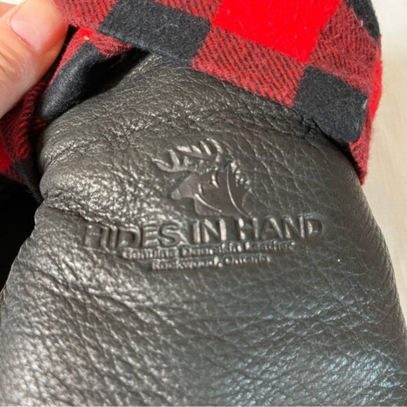 HIDES IN HAND Deerskin Black Leather Mittens with Red Plaid Cuff Small Medium - Picture 8 of 8